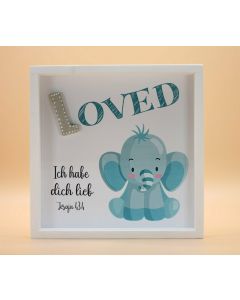 Wandbild aus Holz "LOVED" Elefant, Jesaja 43:4