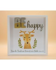 Wandbild aus Holz "BE happy" Elch Nehemia 8:10