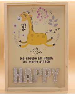 Wandbild aus Holz, Giraffe "HAPPY" gelb