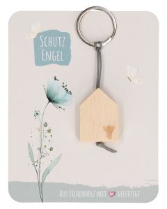 Butzon & Bercker Holz-Schlüsselanhänger Schutzengel 10,5 x 3 cm – aus unbehandeltem Eichenholz mit Engel-Lasergravur, graues Lederband, Lieferung auf Backcard mit tröstlichem Spruch
