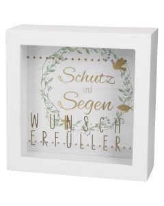 Butzon & Bercker Bilderrahmen-Spardose Wunscherfüller 14 x 14 x 5,5 cm – Holz 2-in-1 Geschenkbox zum Aufstellen, individualisierbares Hintergrundbild, Golddruck auf Glasscheibe, originelle Verpackung