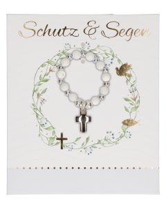Butzon & Bercker Tauf-Armband – Stretch-Armband mit weißen Glasperlen, Rosenperlen aus Metall und Kreuz-Anhänger, Lieferung in Geschenkverpackung
