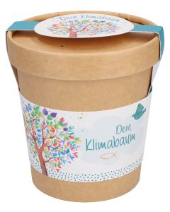 Klimabaum Anzuchtset. Biologisch abbaubarer Pflanzbecher mit Birken-Saatgut, Quelltablette und Anleitung auf Banderole