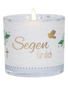 Butzon & Bercker Glaswindlicht "Segen für dich" Ø 6 cm – handgeblasenes Windlicht mit Pergamentumleger, türkise Geschenkverpackung, weißes Teelicht, liebevolles Geschenk zur Taufe