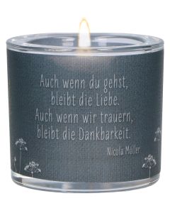 Butzon & Bercker Glaswindlicht zur Trauer Ø 6,5 cm – mundgeblasenes Windlicht mit farbig bedrucktem Pergamentumleger, Lieferung in grüner Geschenkverpackung mit weißem Teelicht