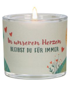 Butzon & Bercker Glaswindlicht zur Trauer Ø 6,5 cm – mundgeblasenes Windlicht mit farbig bedrucktem Pergamentumleger, Lieferung in grüner Geschenkverpackung mit weißem Teelicht