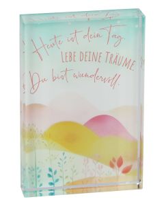 Butzon & Bercker Glasquader – Glas-Dekoblock 9 x 6 cm mit farbiger Botschaft zum Aufstellen, handgeschliffen, Geschenkidee zum Geburtstag, in Geschenkverpackung