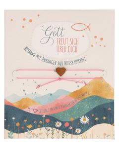 Textil-Armband mit Herz aus Nussholz: Gott freut sich über dich