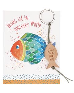Fisch-Schlüsselanhänger aus Buchenholz mit Lederband mit Gravur „Jesus ist in unserer Mitte“
