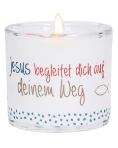 LichtMoment „Jesus begleitet" Glas-Windlicht mit Regenbogenmotiv