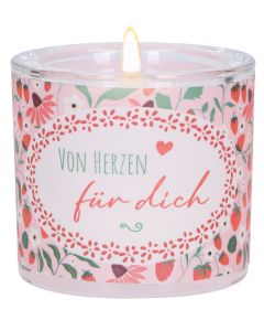 „Von Herzen für dich" Glas-Windlicht mit Erdbeermotiv in Rosa