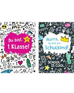 Grußkarte mit Wegbegleiter-Pin – Du bist 1. Klasse / Hurra, du bist ein Schulkind!