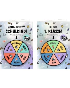 Grußkarte mit Glücksrad – Du bist 1. Klasse / Hurra, du bist ein Schulkind!